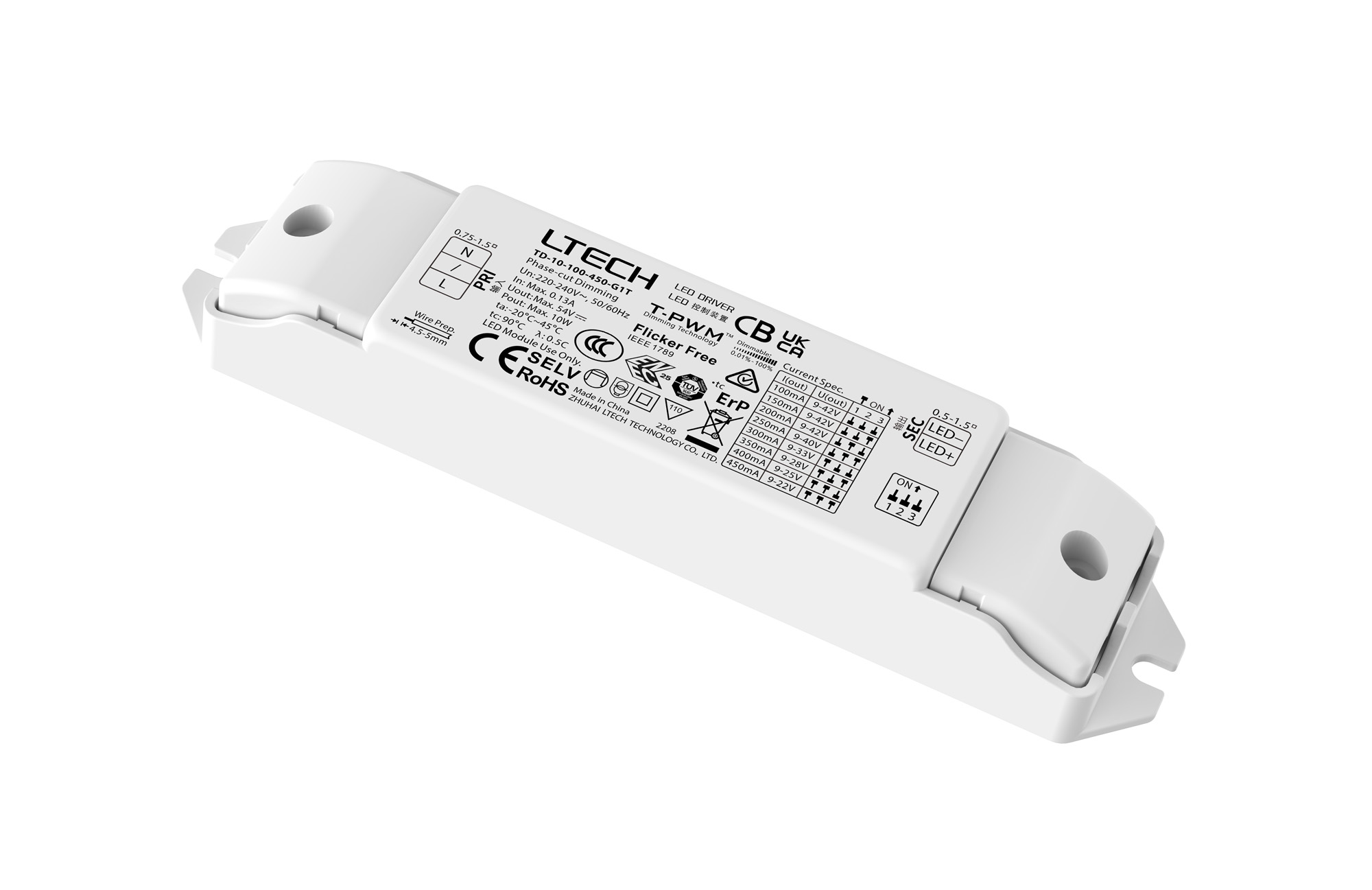 TD-10-100-450-G1T  Triac/ELV, PWM output, 0-10W, C.Current Dimmable Driver,100-450mA, DC:9-42V,  200-240Vac input, IP20.